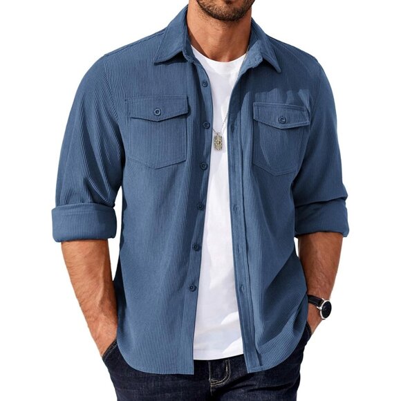 Coofandy Men Grey Blue Corduroy Button Down Lightweight Jacket with Flap Pockets - Picture 1 of 5